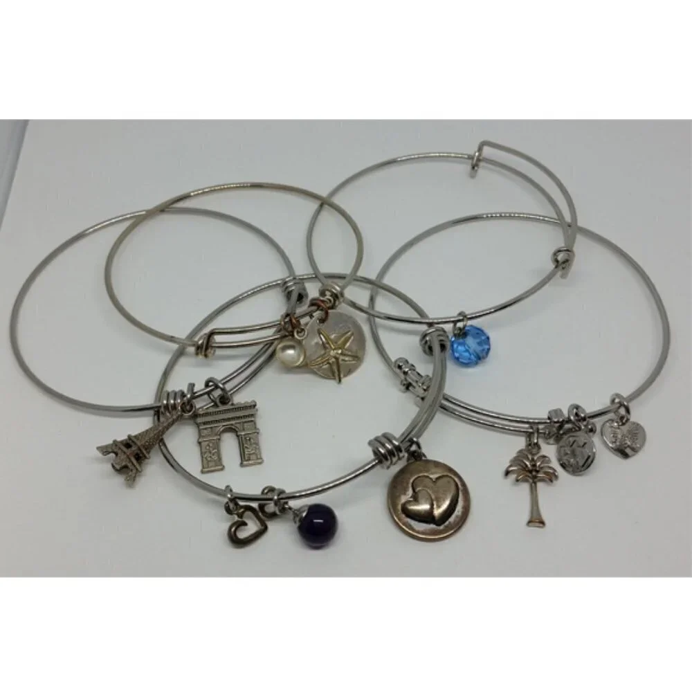 𝅺Bundle lot 5 various charm bangle bracelets stackable layering